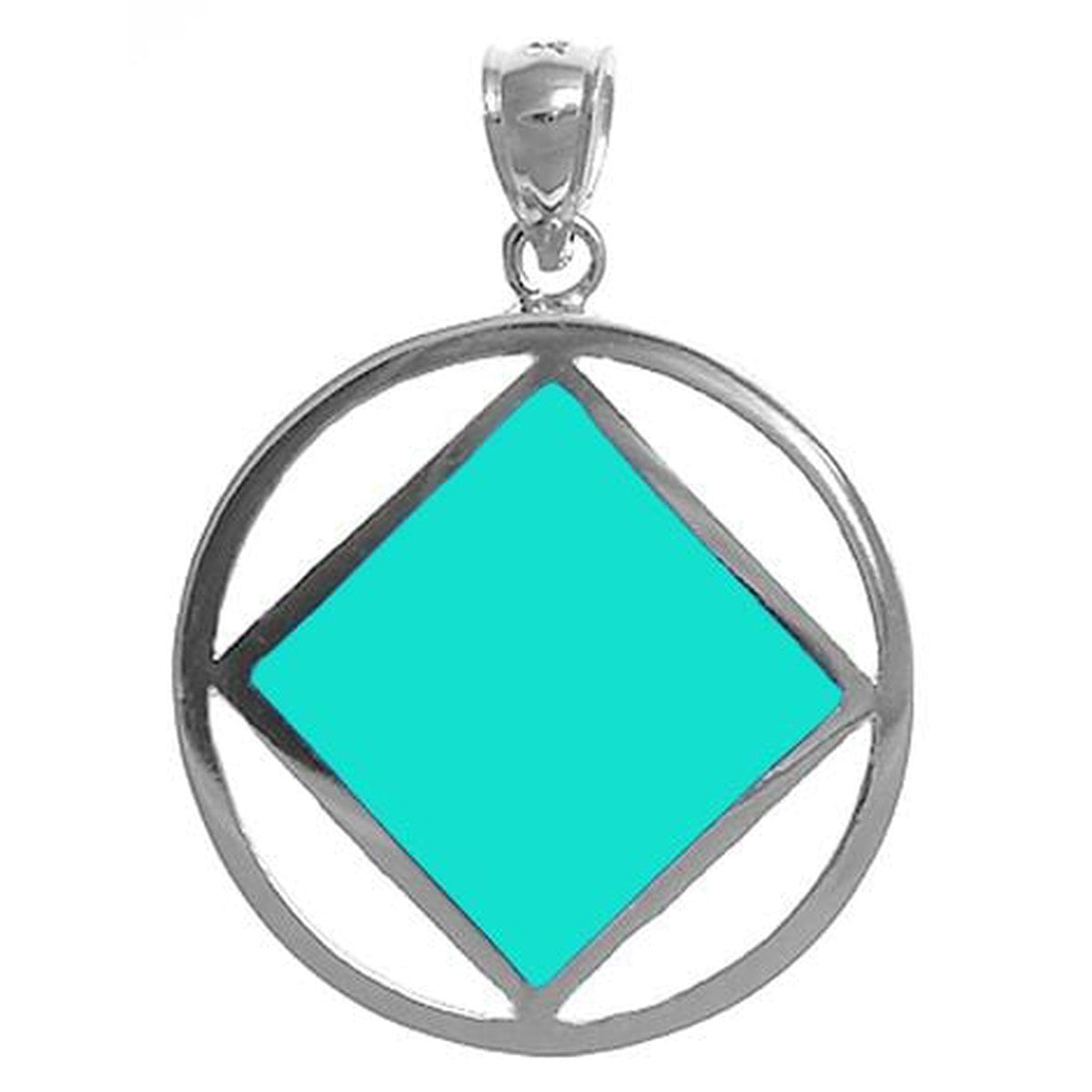 Sterling Silver Pendant, Narcotics Anonymous Symbol Square With Turquoise In Color Enamel Inlay, Large Size