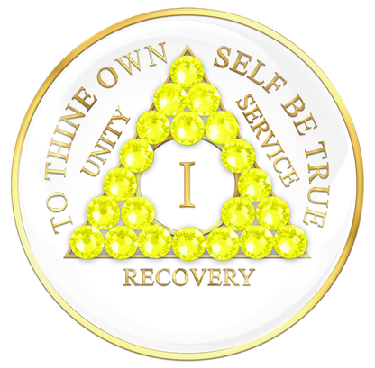 AA Sobriety Chip White with Neon Yellow Crystals