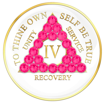 AA Sobriety Chip White with Neon Pink Crystals