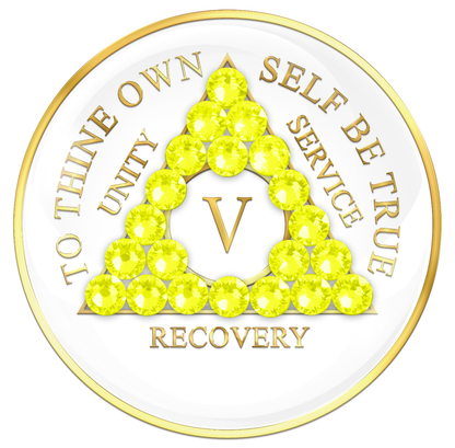 AA Sobriety Chip White with Neon Yellow Crystals