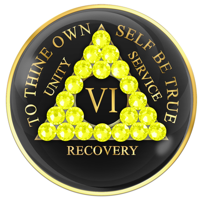 AA Sobriety Chip Black with Neon Yellow Crystals