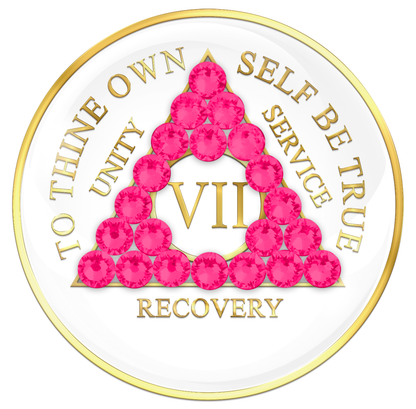 AA Sobriety Chip White with Neon Pink Crystals
