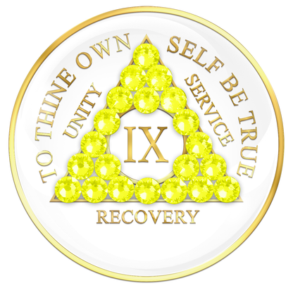 AA Sobriety Chip White with Neon Yellow Crystals