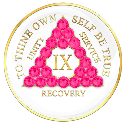 AA Sobriety Chip White with Neon Pink Crystals