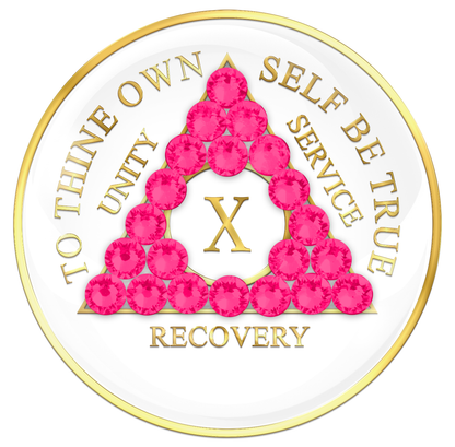 AA Sobriety Chip White with Neon Pink Crystals