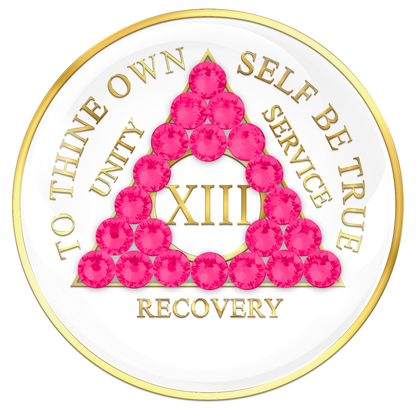 AA Sobriety Chip White with Neon Pink Crystals