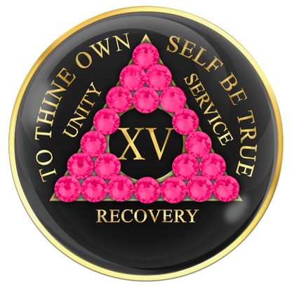 AA Sobriety Chip Black with Neon Pink Crystals