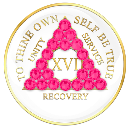 AA Sobriety Chip White with Neon Pink Crystals