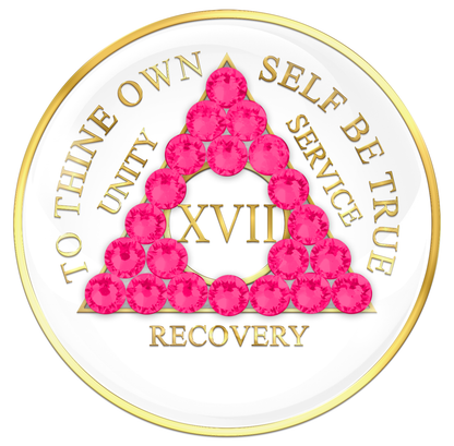 AA Sobriety Chip White with Neon Pink Crystals