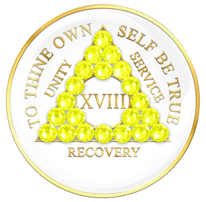 AA Sobriety Chip White with Neon Yellow Crystals