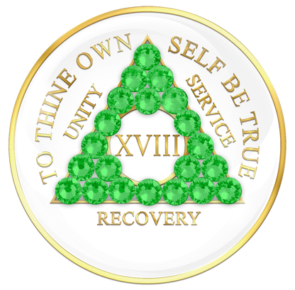 AA Sobriety Chip White with Neon Green Crystals