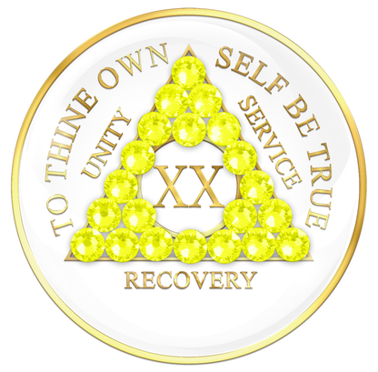 AA Sobriety Chip White with Neon Yellow Crystals