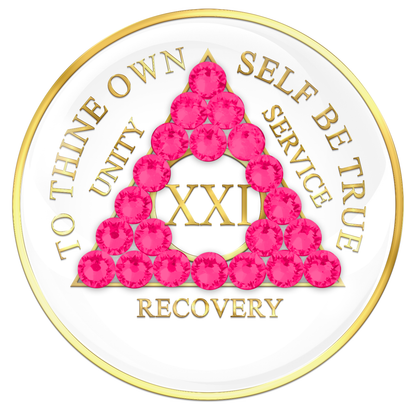 AA Sobriety Chip White with Neon Pink Crystals
