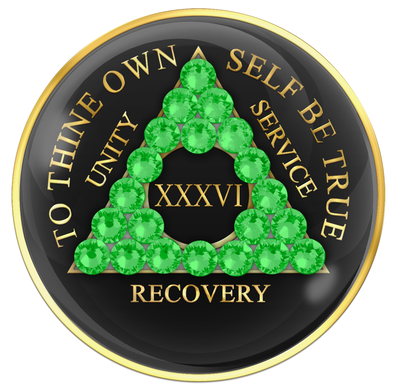 AA Sobriety Chip Black with Neon Green Crystals