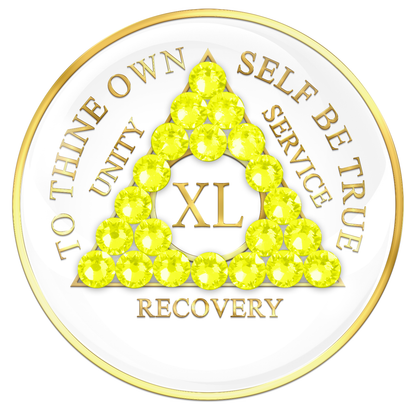 AA Sobriety Chip White with Neon Yellow Crystals