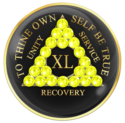 AA Sobriety Chip Black with Neon Yellow Crystals