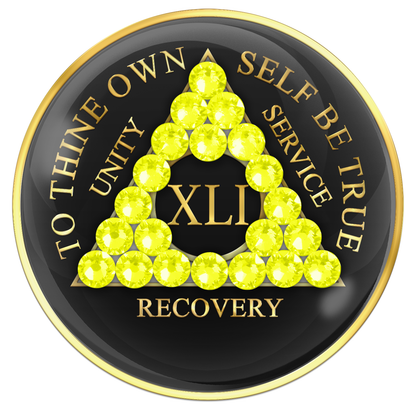 AA Sobriety Chip Black with Neon Yellow Crystals