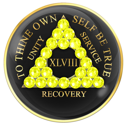AA Sobriety Chip Black with Neon Yellow Crystals