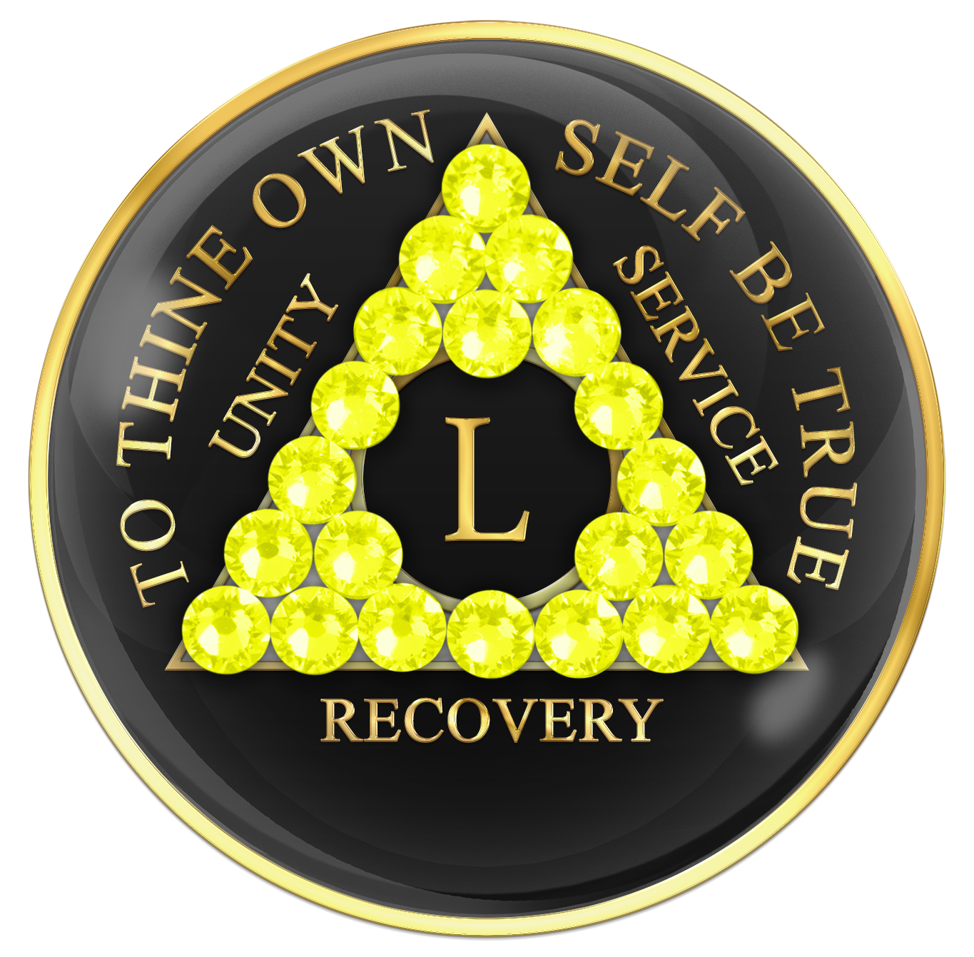 AA Sobriety Chip Black with Neon Yellow Crystals