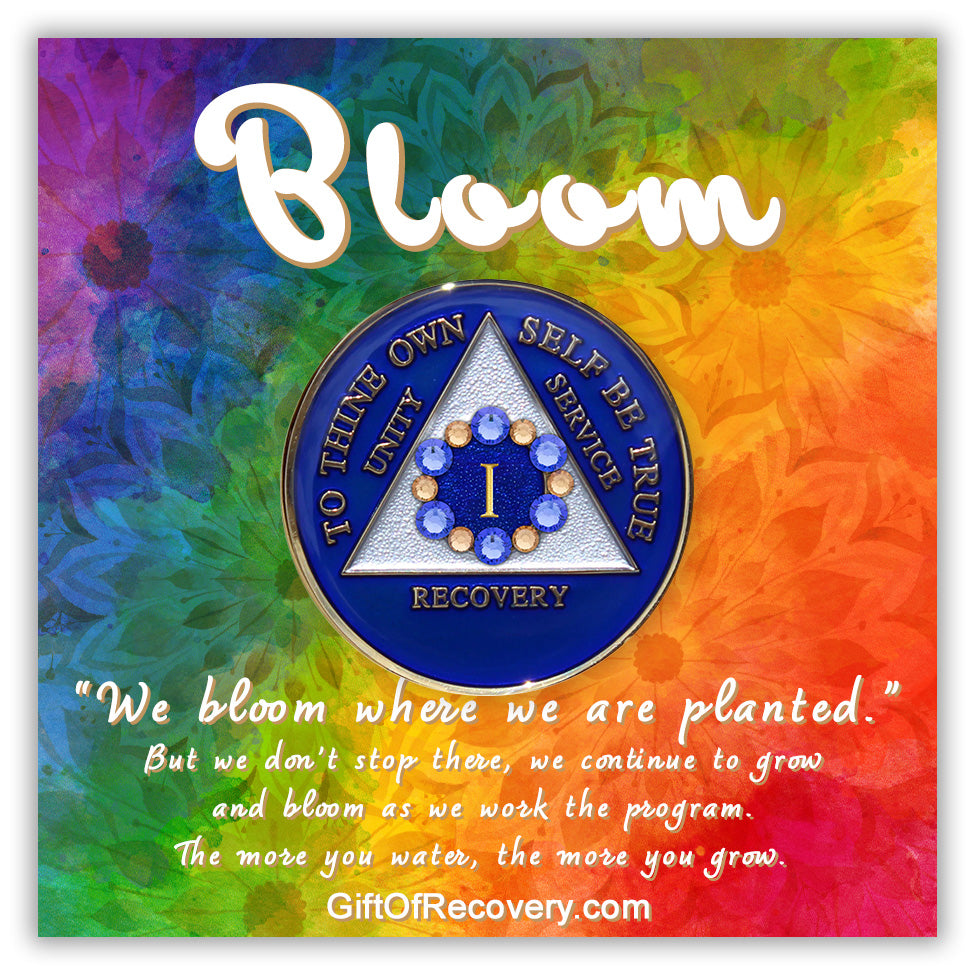 AA Recovery Medallion - Bloom Crystallized Bling on Blue