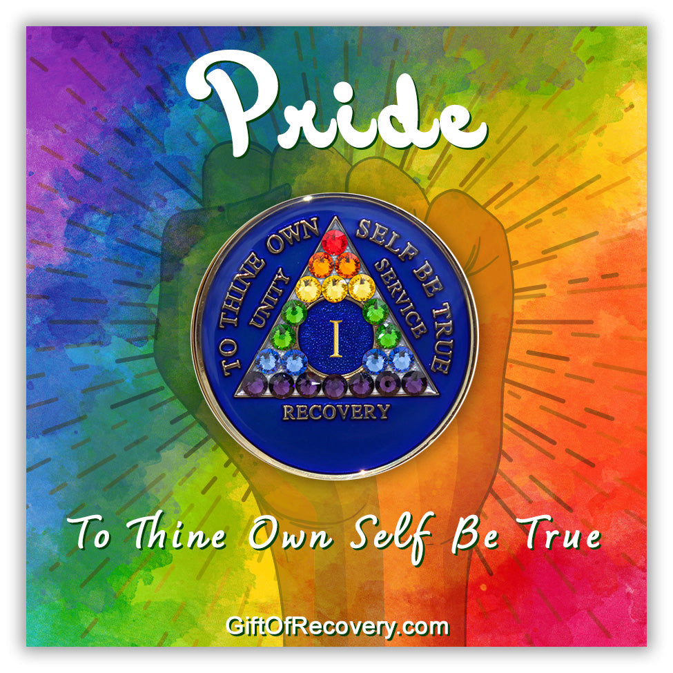 1 year AA medallion Big Book blue with 21 genuine crystals in rainbow form and the shape of the triangle, representing the LBGTQIA+ community, AA slogan and three legacies embossed with 14k gold-plated brass, sealed with resin for a glossy finish, featured on a tie-dye 3x3 card with a fist silhouette and the work pride on top and to thine own self be true on the bottom, both in white.