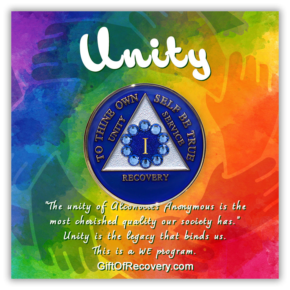 AA Recovery Medallion - Unity Bling Crystallized on Blue