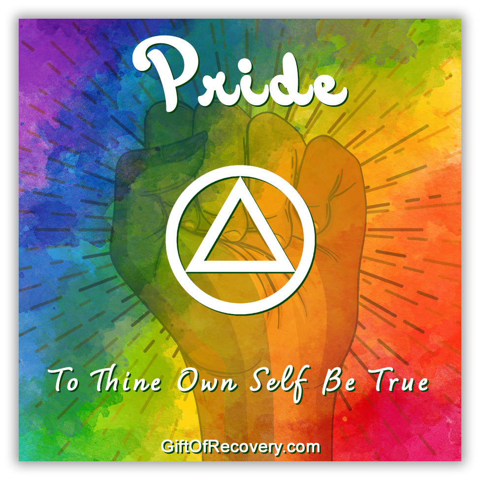 Bold rainbow colored tie-dye 3x3 card with a silhouette of a fist, and a bold circle triangle in white in the center with the pride and to thine own self be true. 