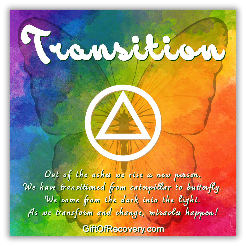 Transition 3x3 card bold tie-dye colors, with a silhouette of a butterfly, along with a bold AA symbol in white in the middle, the bottom has a paragraph about transformations in white. 