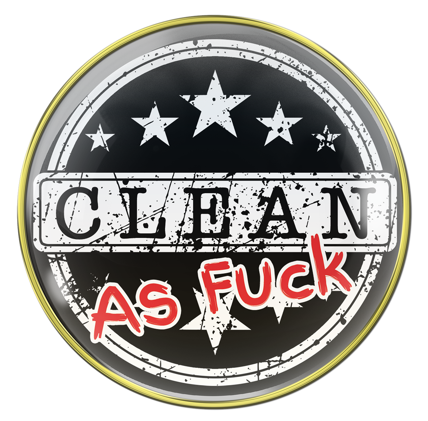 Clean as fuck NA medallion with Clean in black on a white rectangle strip, and the as fuck in bold red, there are 10 white stars, 5 above clean and 5 below, there are 2 white circles near the 14k rim for outline. 