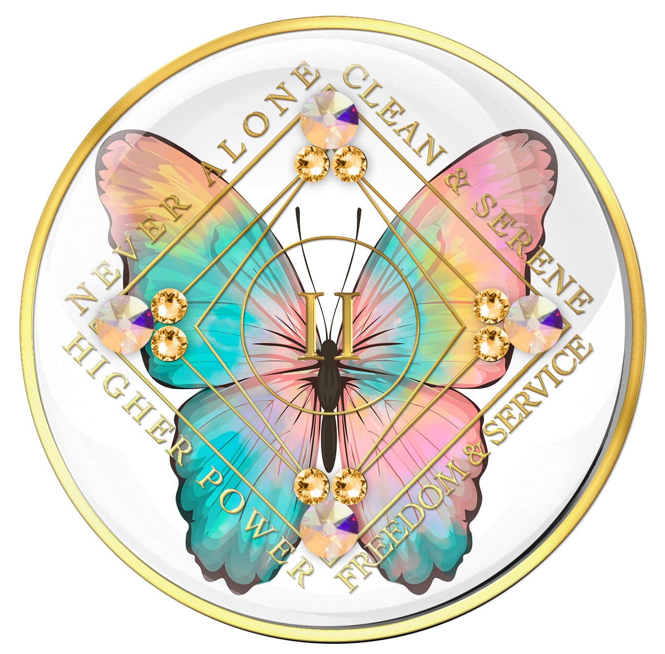 Clean Time Medallion White with Colorful Butterfly and Gold CZ Crystals