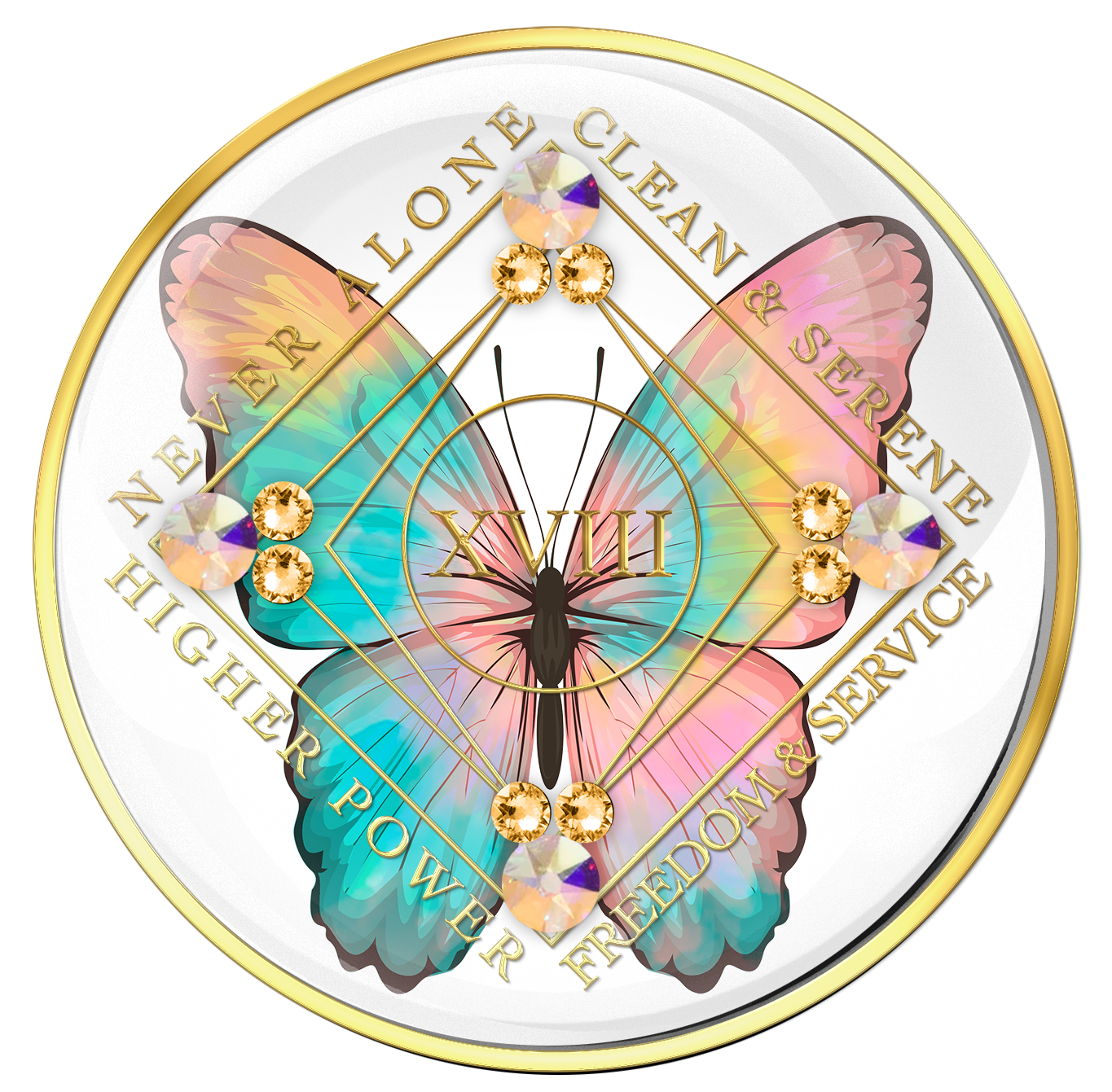 Clean Time Medallion White with Colorful Butterfly and Gold CZ Crystals
