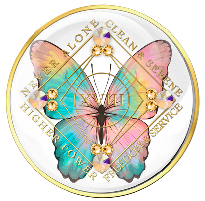Clean Time Medallion White with Colorful Butterfly and Gold CZ Crystals