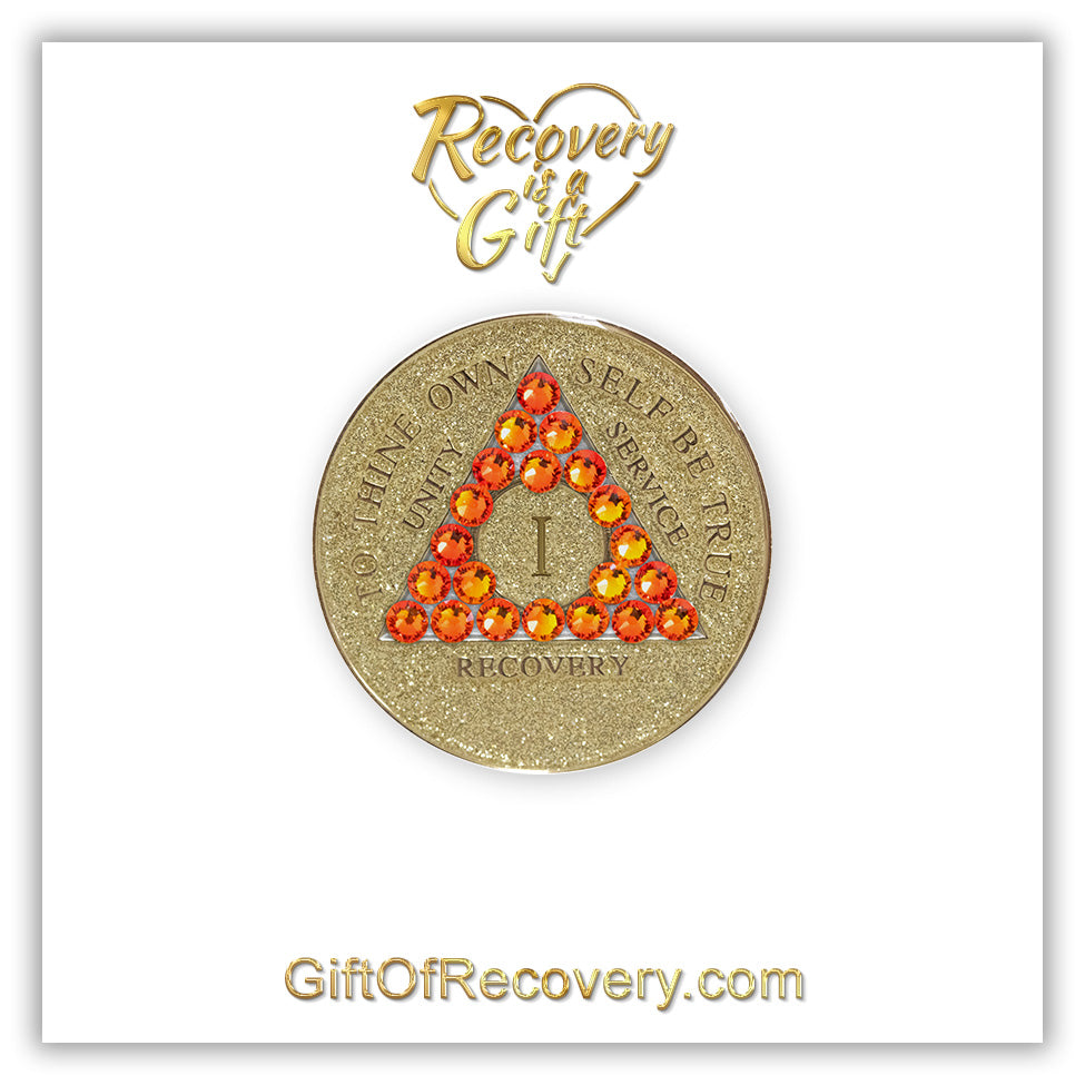 AA Recovery Medallion - Fire Opal Bling Crystallized on Glitter Gold
