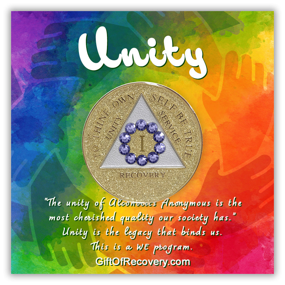 AA Recovery Medallion - Unity Tanzanite Bling Crystallized on Glitter Gold