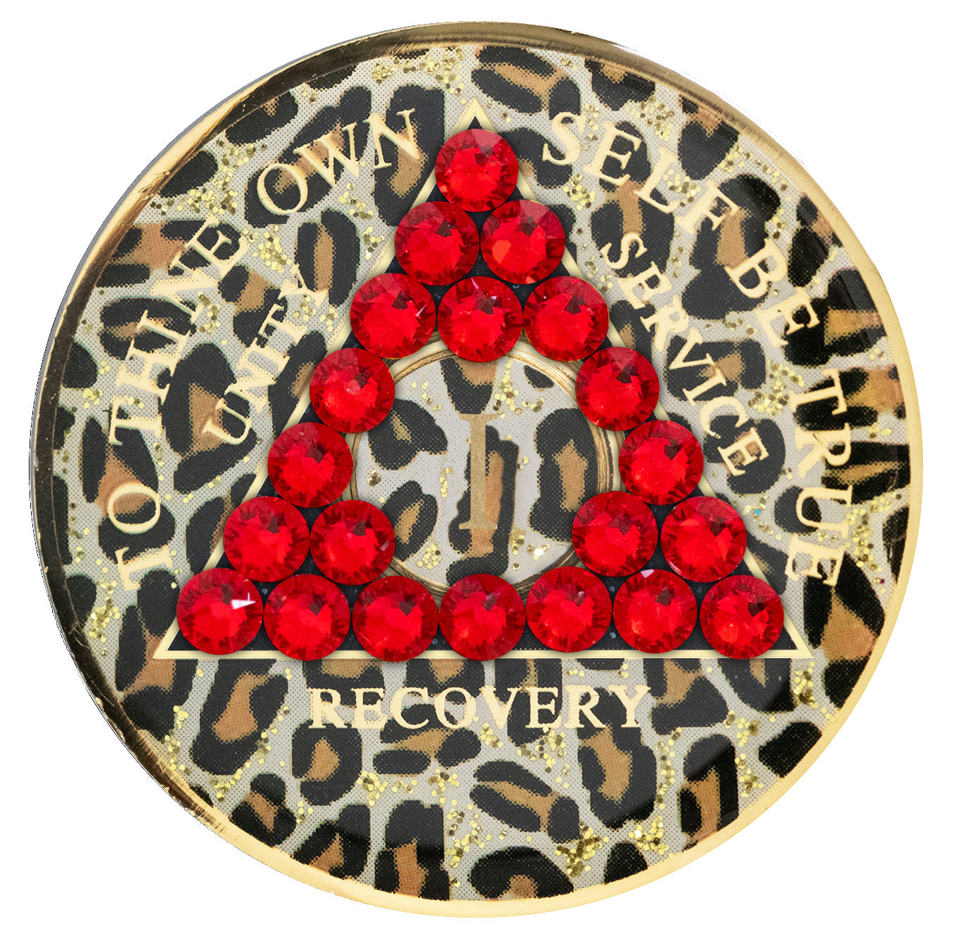 1 year AA medallion Leopard glitter print with 21 red genuine crystals in the shape of the triangle, with to thine own self be true, unity, service, recovery, and the roman numeral in light gold foil, let your recovery shine, not your time, the medallion is sealed with resin for a shiny finish that will last and is scratch proof.