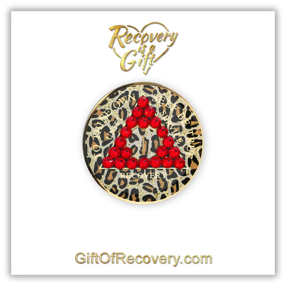 AA Recovery Medallion - Red Bling Crystallized on Glitter Leopard Pattern