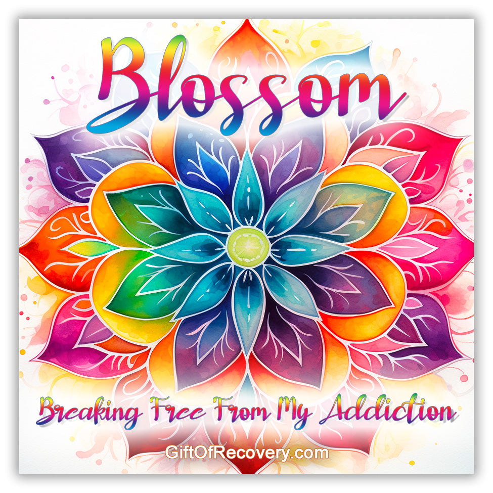 Blossom 3x3 card that matches the recovery medallion, with bright blue, yellow, red, pink, and purples throughout the entire card.