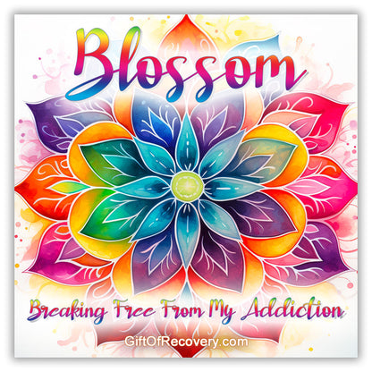 Blossom 3x3 card that matches the recovery medallion, with bright blue, yellow, red, pink, and purples throughout the entire card.