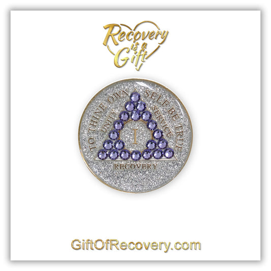 AA Recovery Medallion - Tanzanite Bling Crystallized on Glitter Silver