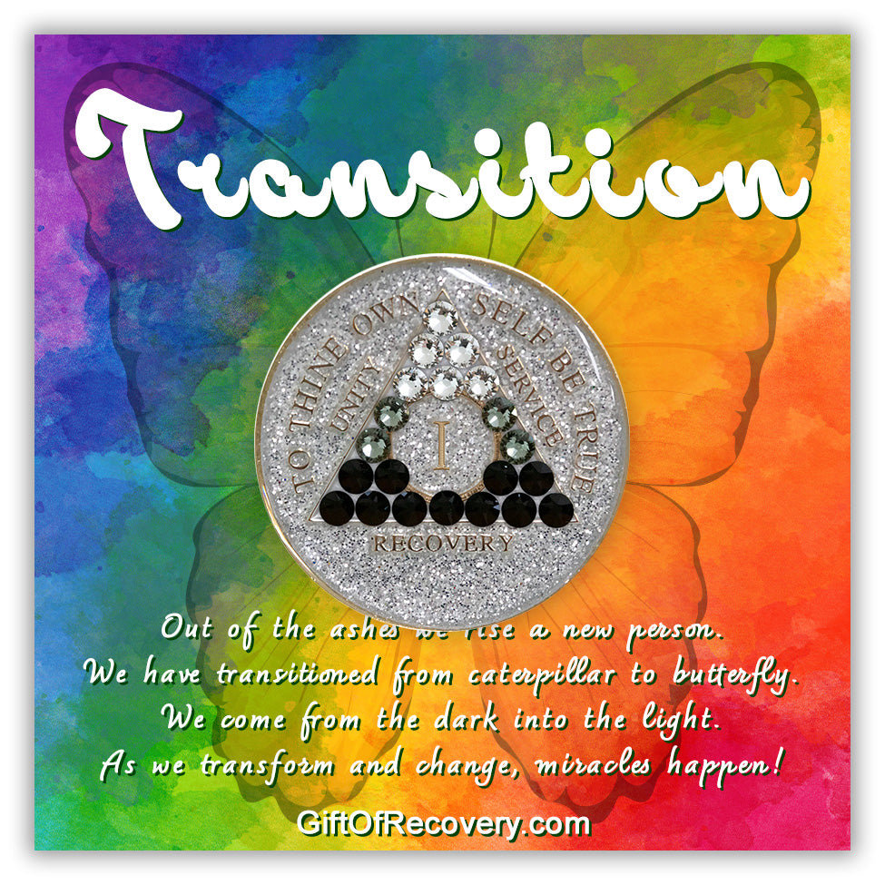 AA Recovery Medallion - Black Transition Bling Crystallized on Glitter Silver