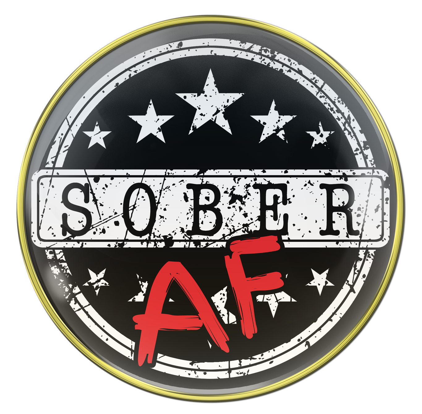 Sober AF AA medallion with sober in black on a white rectangle strip, and the AF in bold red, there are 10 white stars, 5 above sober and 5 below, there are 2 white circles near the 14k rim for outline.