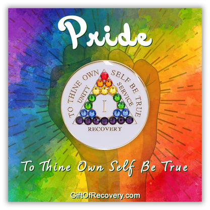 AA Recovery Medallion - Rainbow Bling Crystallized on White
