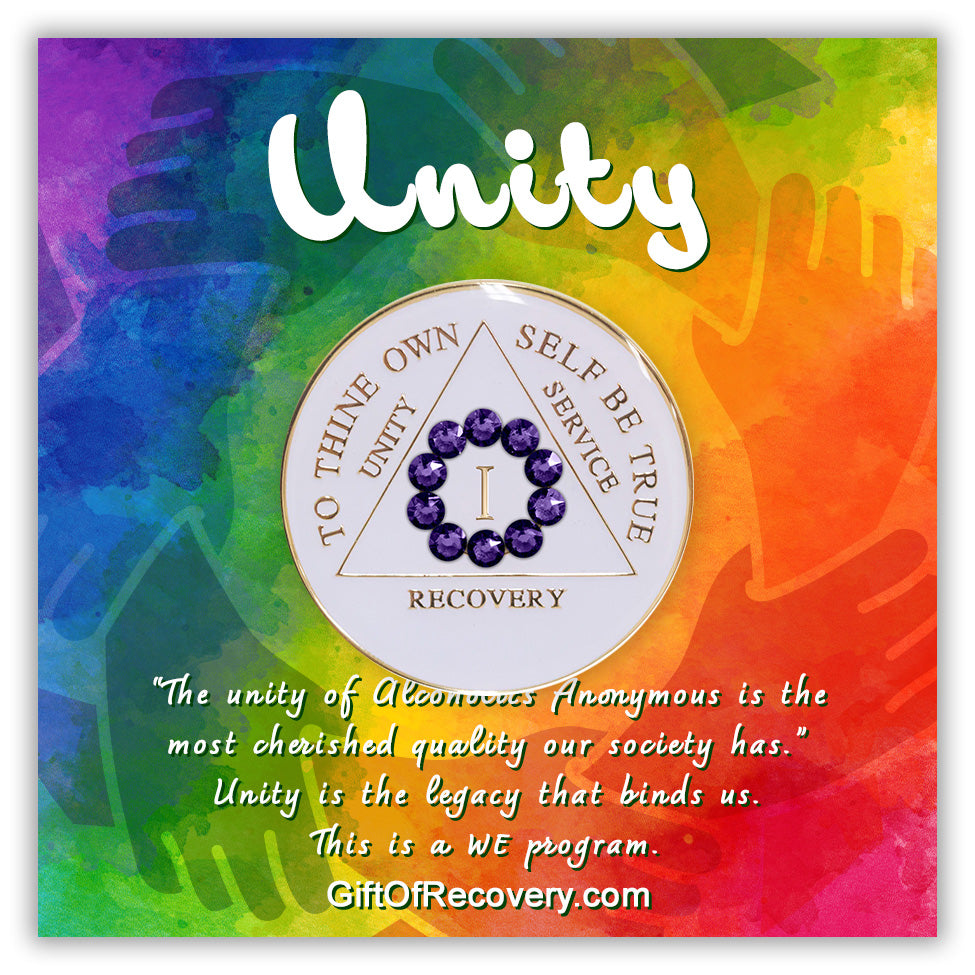 AA Recovery Medallion - Unity Purple Velvet Crystallized Bling on White