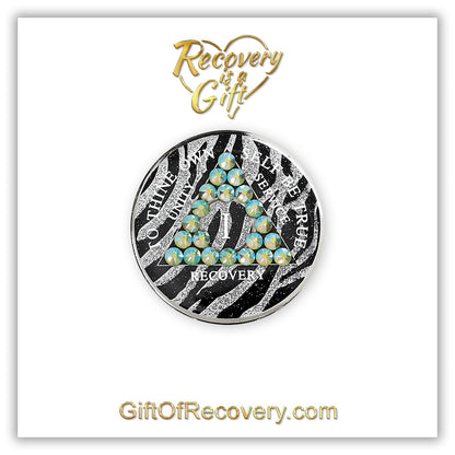 AA Recovery Medallion - Peridot Aurora Borealis Bling Crystallized on Glitter Zebra Pattern